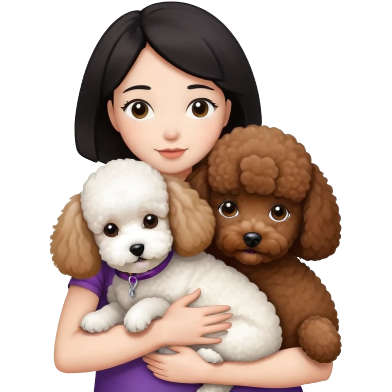 Woman with short black straight hair hugging a brown poodle and a white bichon frise emoji