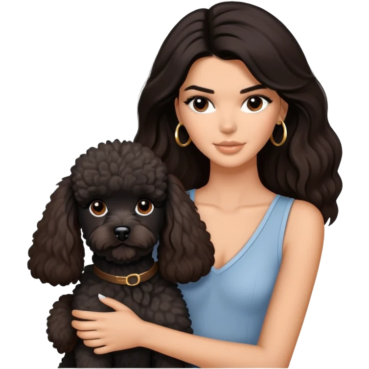 Kendall Jenner with long dark hair holding a brown poodle and a black schnauzer emoji