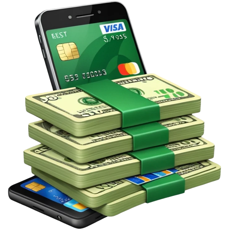 efectivo en dólares, un teléfono y unas tarjetas, todo con un estilo limpio, profesional y que transmita dinero y movimiento. emoji