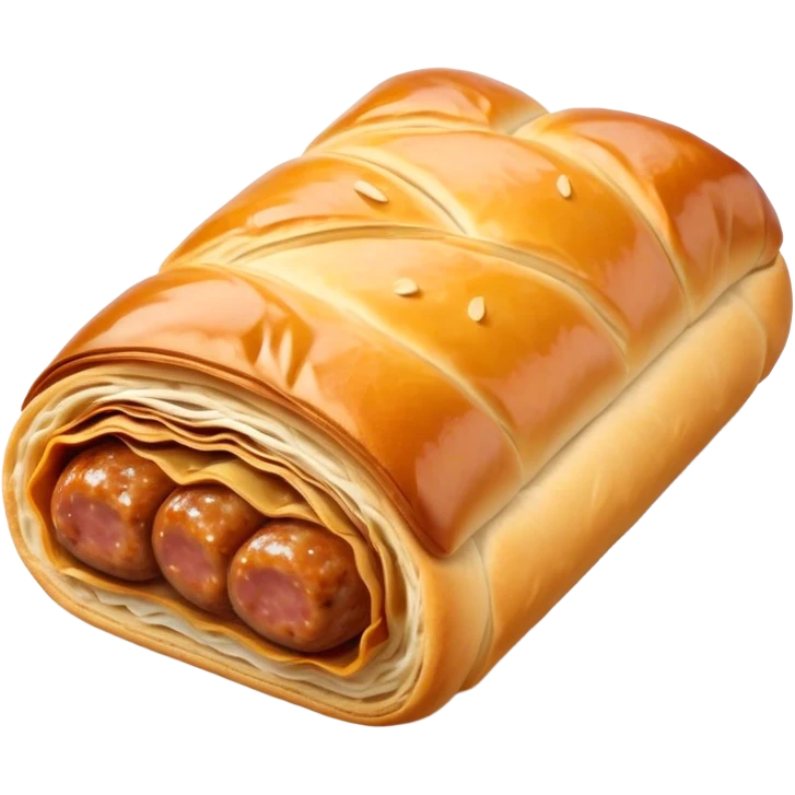 cinematic-realistic-sausage-roll-dish-emoji,-depicted-with-a-crisp,-golden-pastry-wrapped-around-flavorful-sausage,-rendered-with-detailed-textures-sitting ona.     plastic wrapper unrapped  emoji