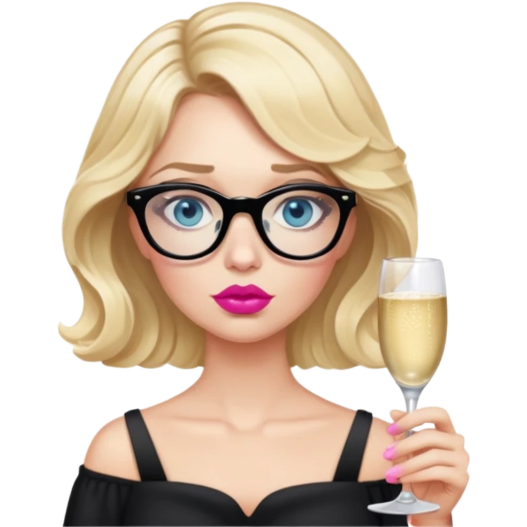 Blonde woman with short wavy hair, blue eyes and pink lips wearing black glasses looking very drowsy holding a champagne glass  emoji