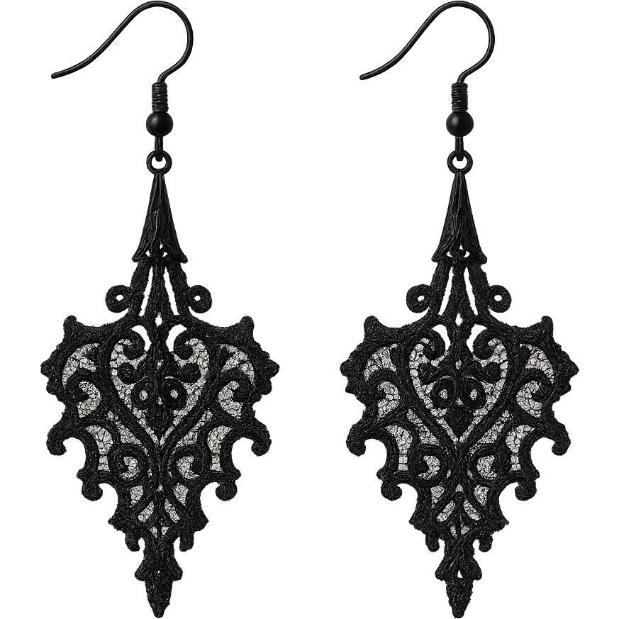 goth earrings, black lace, delicate and mysterious, victorian gothic style emoji