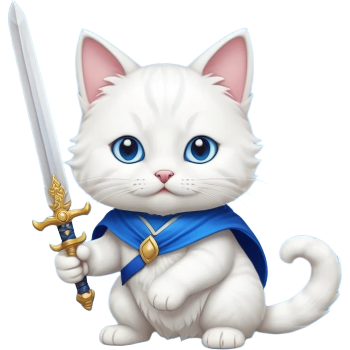 un gato blanco con una espada en cada mano y una en la boca emoji