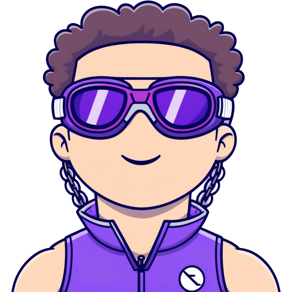 close-up of cool guy male athlete with white skin and moderately curly dark brown hair on top with shaved sides, wearing ski goggles with purple frames and very dark black lenses, winking behind the goggles, with an open mouth confident smile like a cool guy, a simple plain black chain necklace, and a completely unzipped sleeveless vest with purple and black sequin fire pattern design with no logo emoji