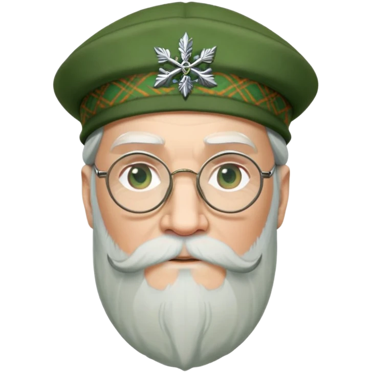 Dumbledore wear green scotland Tam o'shanter cap with decorative patterns, wear glasses, very long beard emoji