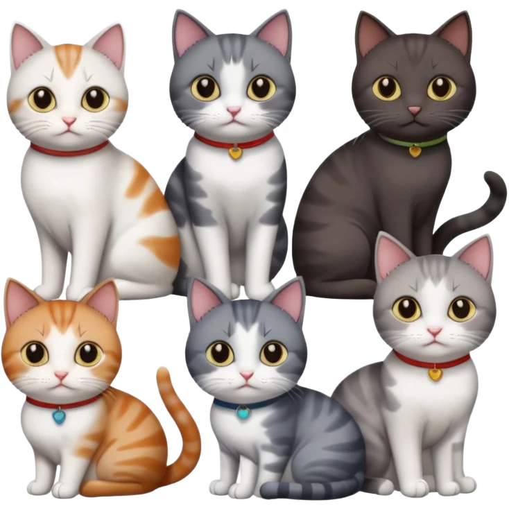 4 different coloured short haired cats including; a dark brown and white cat, and a dark grey and white  emoji