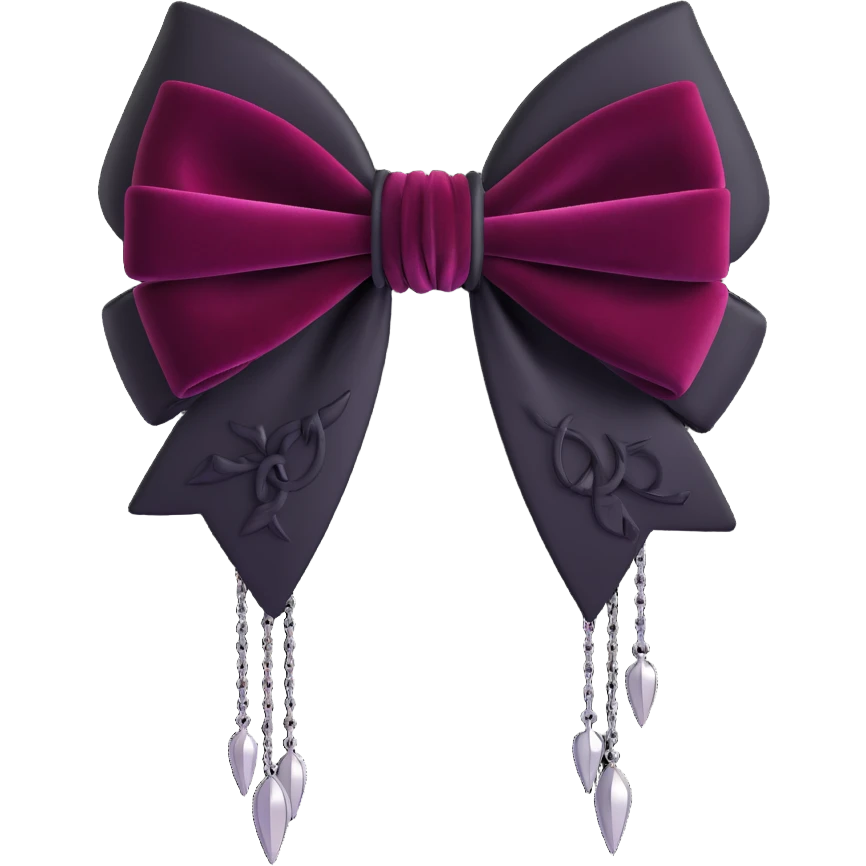 3D emoji gothic bow, black velvet texture, silver chain fringe, dark ruby center, ornate and dramatic emoji
