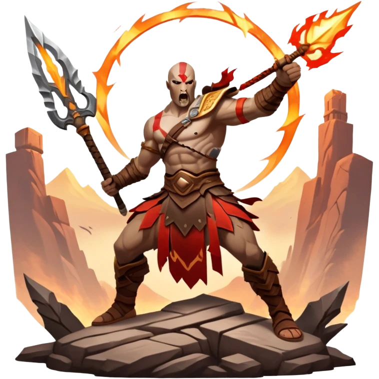 An icon showing a powerful warrior wielding a weapon, ready for battle, inspired by God of War: Ragnarok. The design features a fiery, war-torn landscape with broken statues and lightning in the sky, symbolizing epic combat. Transparent background highlights the action. emoji
