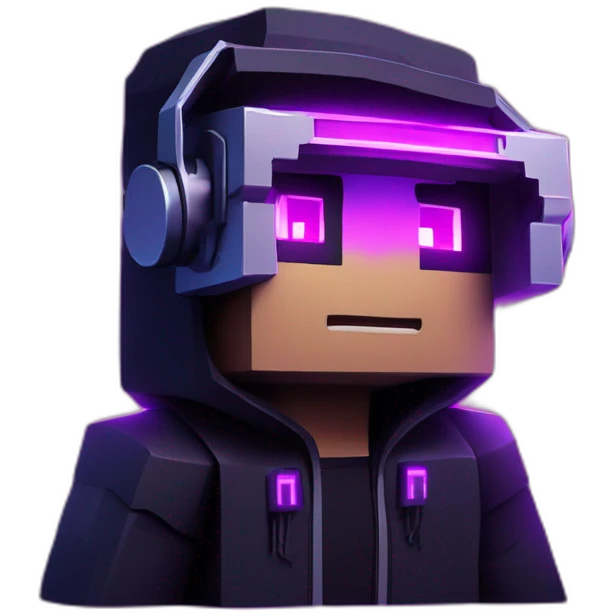 Minecraft steve wearing a black hoodie with "OMG" letters on it and VR headset in a cyberpunk VR environment with violet neon lighting. emoji