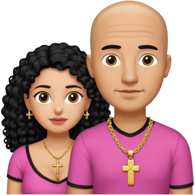 A picture if a couple. the man is a Mexican man with tanned skin, black hair, a bald hair cut, short boxed beard, and wearing a black shirt. the woman is mixed with black and white, with curly long hair, a gold cross necklace, wearing a pink shirt and with big boobs emoji