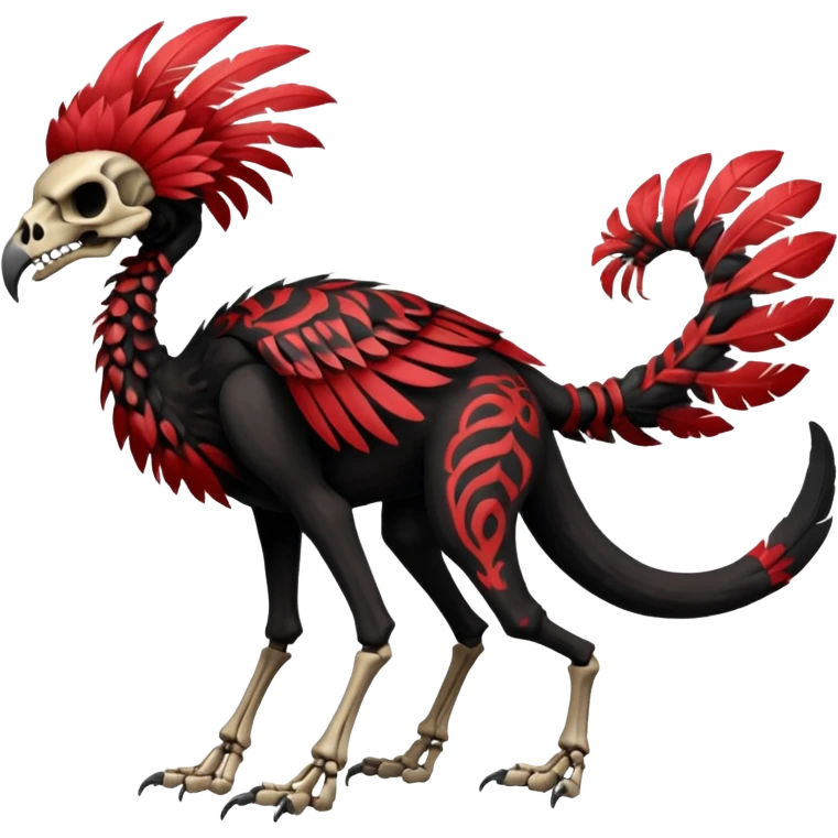 Rare realistic dark edgy evil tribal patterned red-feathered skeletal badass epic handsome gorgeous aesthetic black-skulled Vernid-Trico-species-Fakemon-creature by LiLaiRa, 4 legs, 1 tail, random markings, (full body) emoji