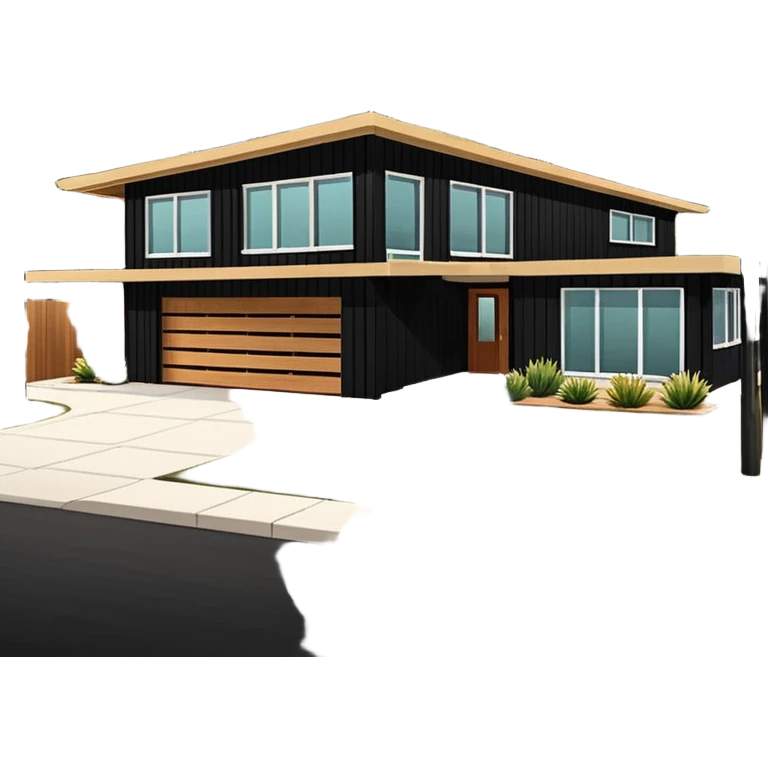 midcentury modern house with 1000 sqft and all windows and a sliding windows on corner. Single story. High ceilings, black and vertical wood slats for outside walls of home. Wood deck with complementary but different wood and shade from larger wood slats. With overhanging shade and slats. emoji