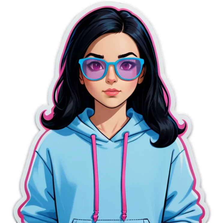 a white girlwith black hairdown with pink transparent glasses wearing a light blue hoodie emoji