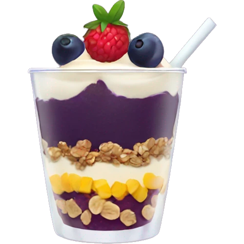 Açaí in a clear cup with layers of fruits and granola and condensed milk emoji