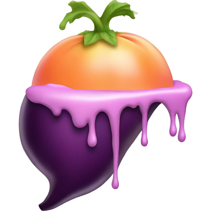Eggplant dripping frosting, wedged in a peach emoji