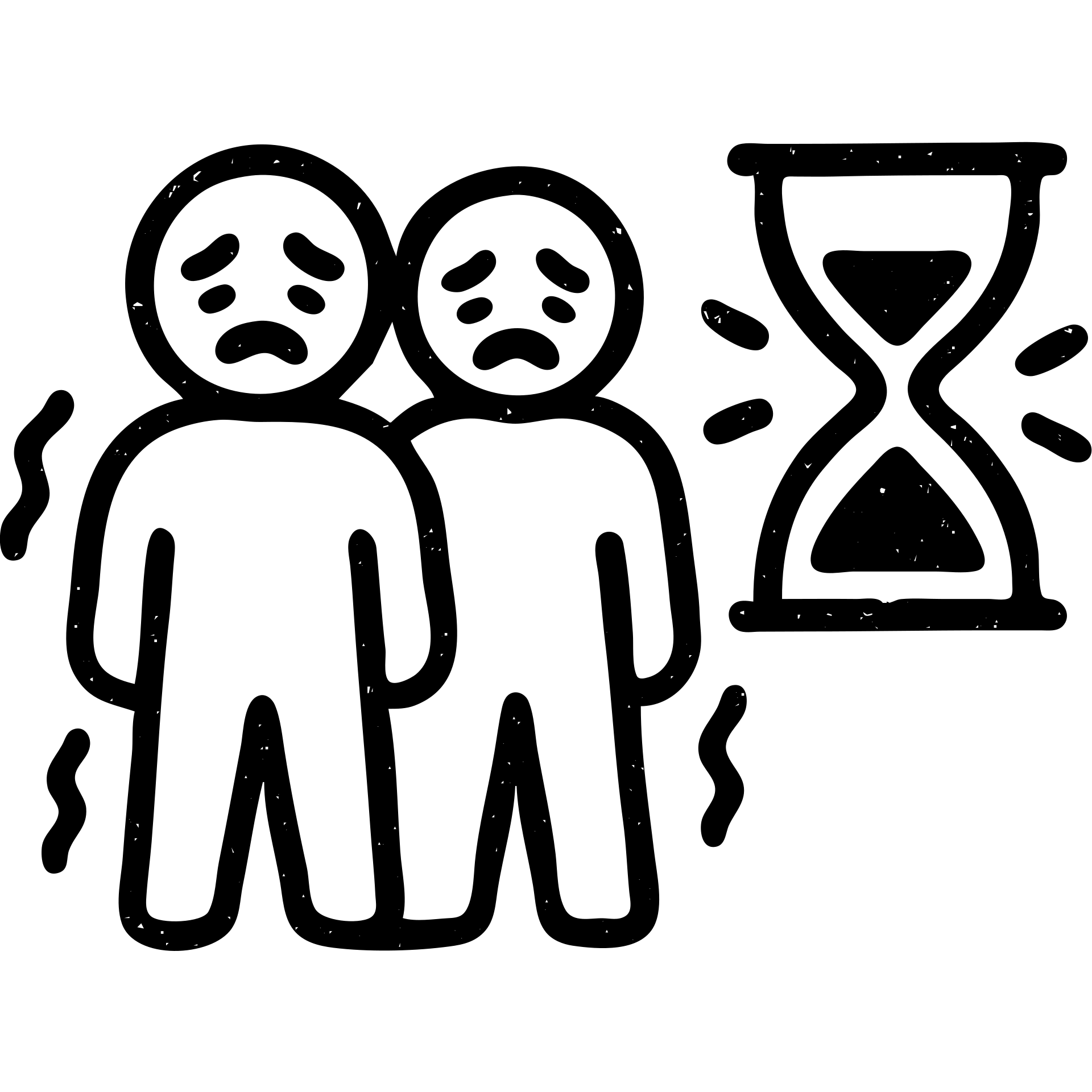 ultra-minimalist outlined icon of two figures, trembling clock or hourglass, extremely worn and eroded texture, anxious and stressed expressions, sense of terror emoji