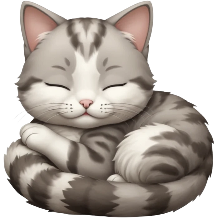 grey and white small cat with its eyes closed lying down with its paw curled and holding up his head emoji