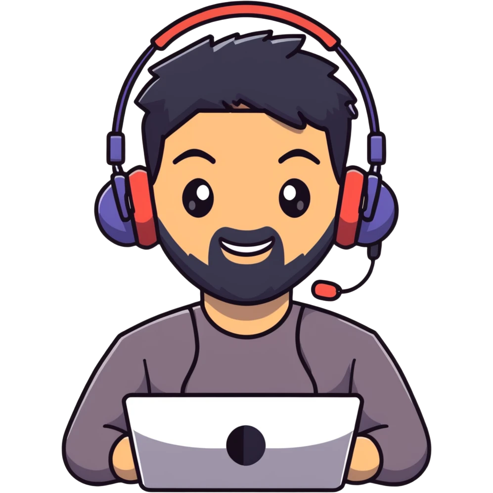 Animated happy man with black hair, brown eyes, black beard, gaming headset emoji