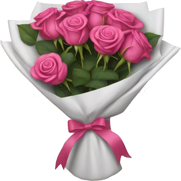 Dark pink bouquet of roses wrapped in white wrapping paper with pink bow emoji