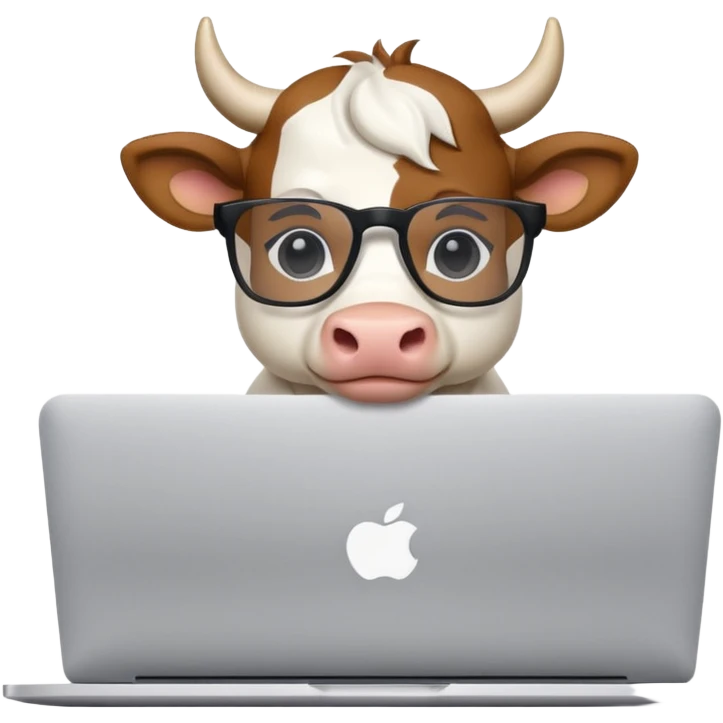 baby white bull in fancy glasses sitting in front of a macbook, working  emoji