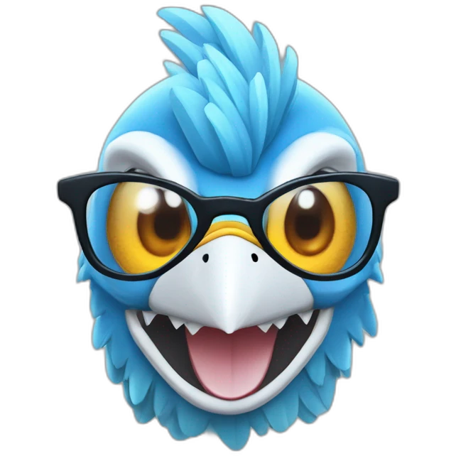 Crazy funny Articuno head with human white teeth and beautiful smile wearing glasses and hat emoji