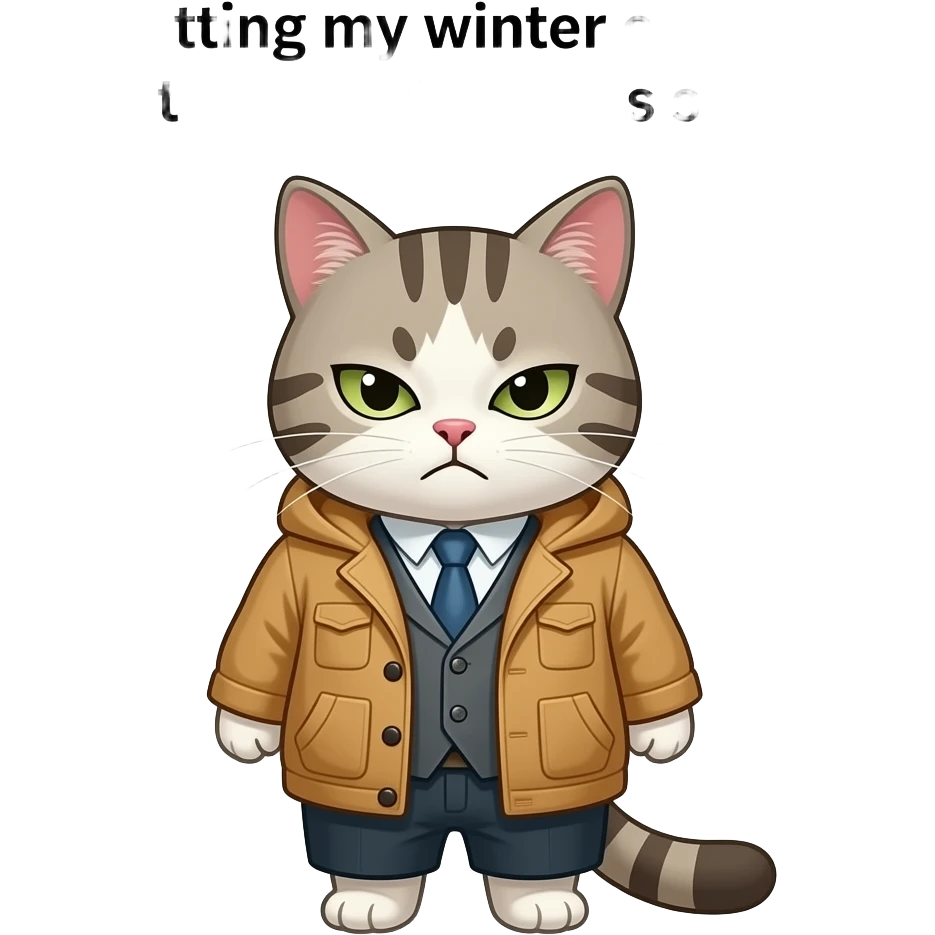 create a anime grumpy cat, like meme stye, the text on top is 'me putting my winter coat away for the 10th time this spring' emoji