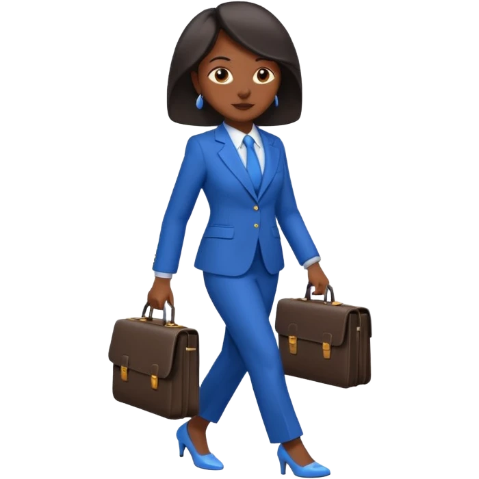 black woman in a blue smart suit and shoes, walking, briefcase in hand, emoji style emoji