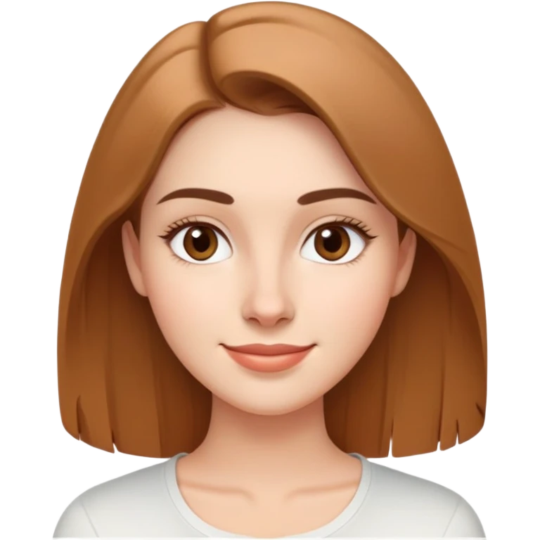 Young woman in her 20s with oval face, soft features, friendly bright smile, large light brown eyes, defined eyebrows, straight nose, medium lips, long straight light brown hair, wearing a white top emoji