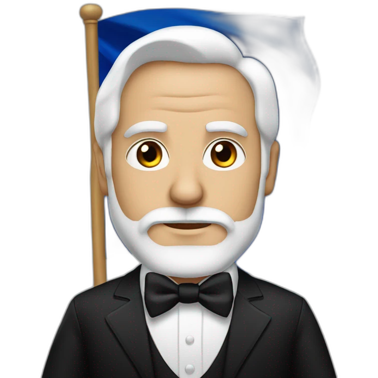man with brown eyes, white hair and beard, dressed in black tuxedo carrying an armenian flag emoji