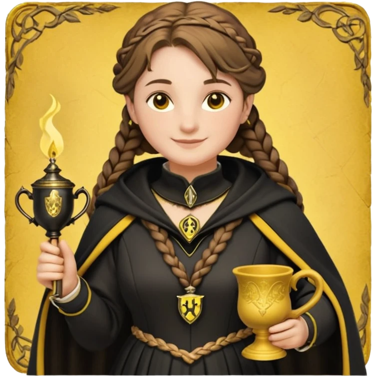 Helga Hufflepuff,the Hogwarts founder of Hufflepuff,brown-haired,2braids,yellow-black medieval dress with black cloak decorated with gold braiding,flickering magic wand and tiny two-handled shiny gold cup engraved with the badger silhouette,very kind smile,curvy busty sweet emoji