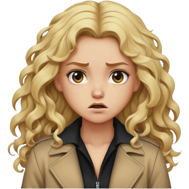 blonde girl long curley hair black shirt long tan jacket mad emoji