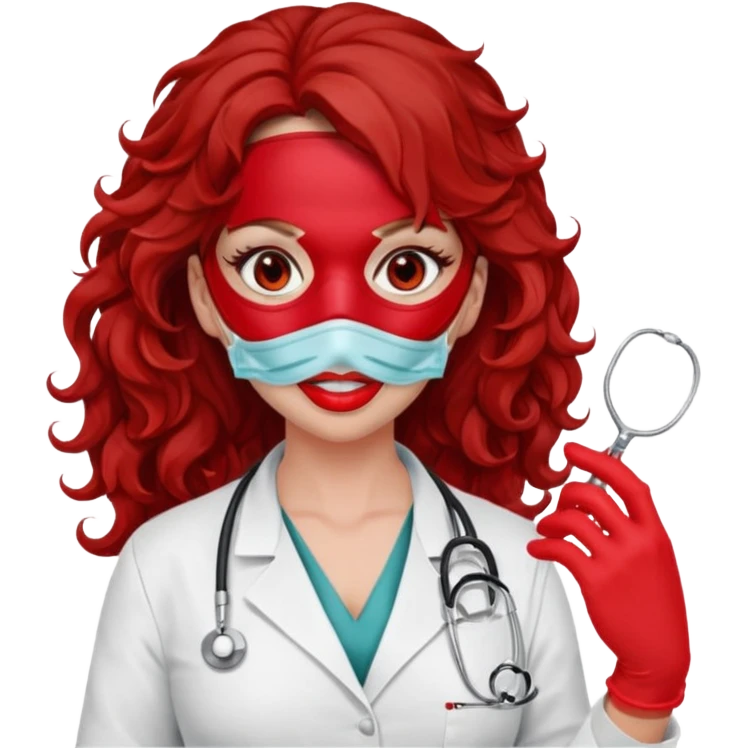 Lilith scalpel in hand, evil surgeon sexy surgeon clothes.  She has red eyes.  Hair is long. Hair is brown and curly hair. Wears sexy doctor outfit with red gloves. Covers mouth and neck mask rec red emoji