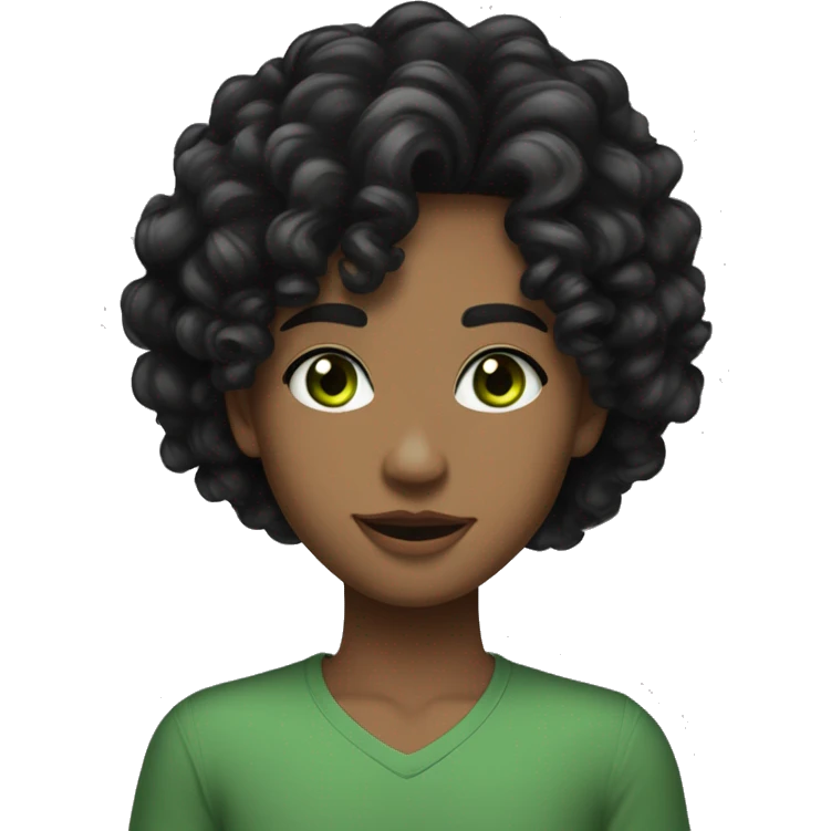 long curly black hair,eyes with a hint of green, eyes positive  canthal tilt ,medium thick shaped eyebrows , and medium thin lips, round face shape, soft jawline, full body, teen, sensual, american emoji