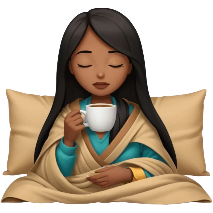 Chocolate brown girl with long straight jet black hair wrapped inside a tan blanket sipping coffee eyes closed emoji