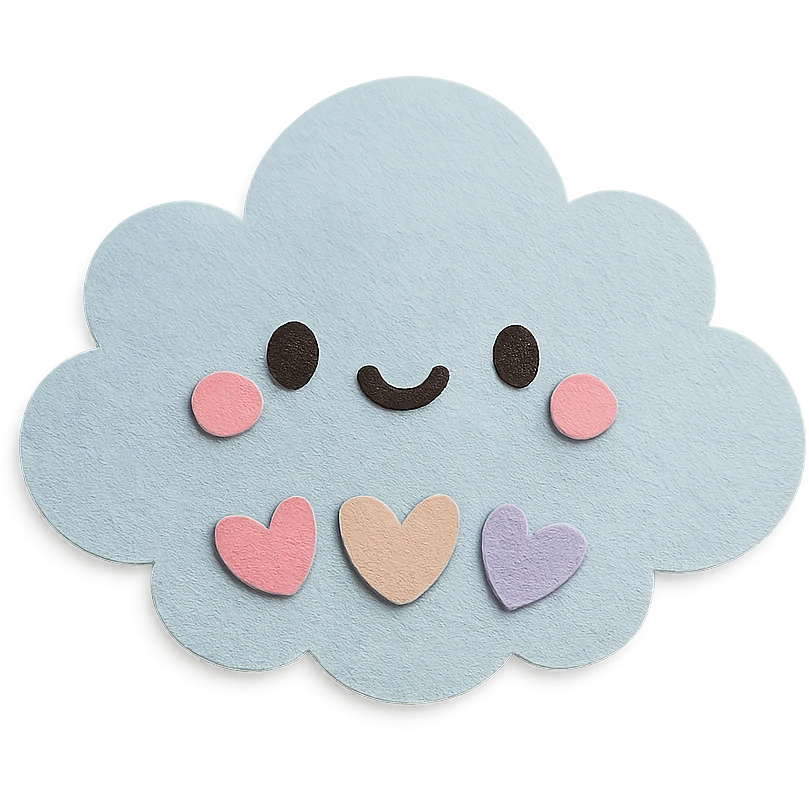 kawaii puffy cloud holding tiny pastel hearts, soft pastel colors, no limbs, full body, paper craft style emoji
