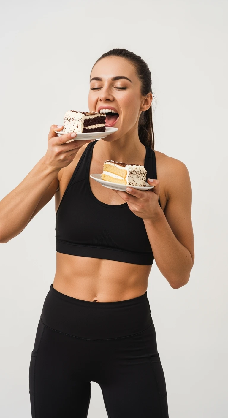 donna fitness con pancetta che mangia due fette di torta affamata, isolata su sfondo bianco emoji