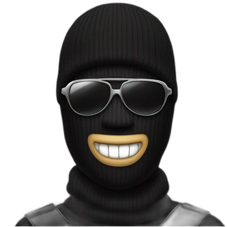 a man with a black balaclava in wooll, black sunglasses and silver grillz on teeth emoji