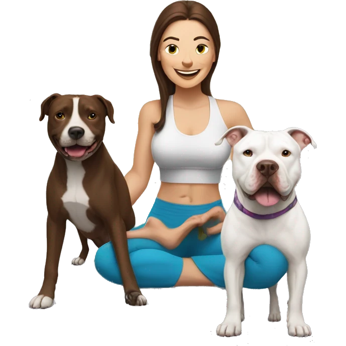 white woman with long dark brown hair expressing joy dressed in a yoga outfit alongside a pitbull dog emoji