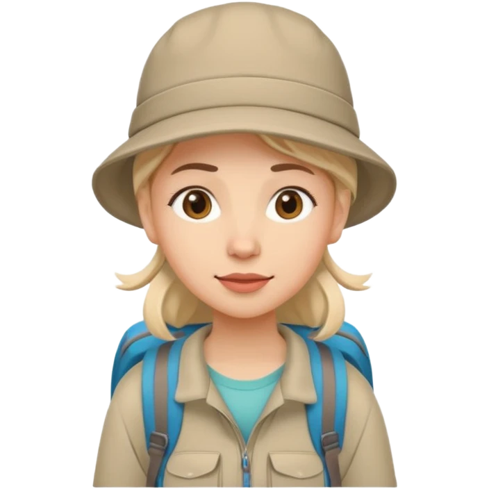 emoticon of a lady hiking, simple expressive face, minimal lines emoji