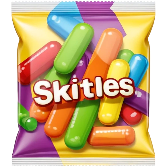 A Skittles candy package with multiple pieces of transparent tape holding it closed, rainbow colored packaging, minimalist style emoji