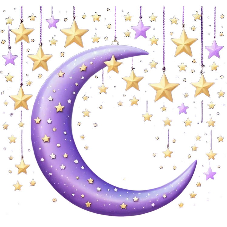 Beautiful sparkly glittery shiny pretty hanging pastel lilac lavender Violet crescent and stars scenery aesthetic decorations emoji