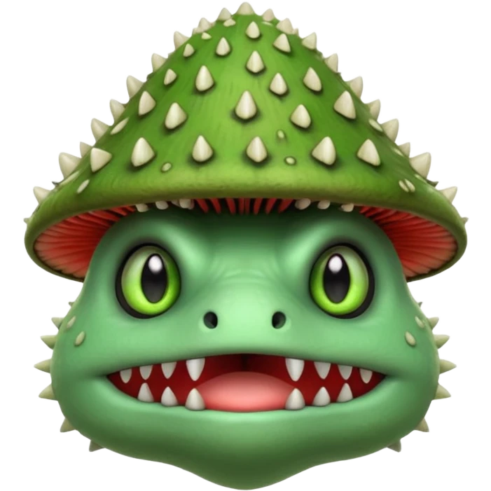 poisonous mushroom monster portrait, head and shoulders only, animal-like creature, mushroom cap head with spikes, toxic green glow, beast-like eyes, furry neck details, monstrous but cute fantasy vibe, 3D cartoon, mobile game icon style, clean background, no text, no watermark

 emoji