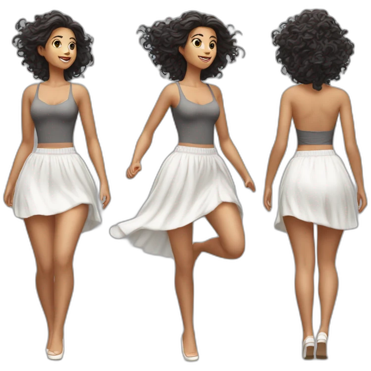 Hyperrealistic Full body Caucasian curvy beauty jumping white skirt back and front views strong wind emoji
