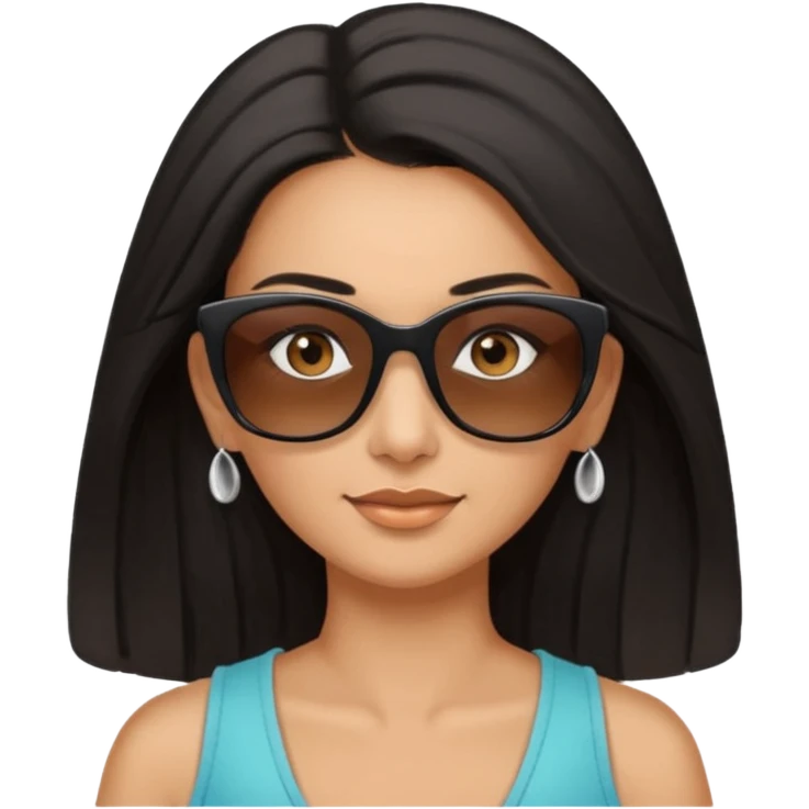 My Sexy wife with sunglasses, black hair, and awesomeness. She has some gray, she's super cute, and her sunglasses are on her head like she doesn't want to wear them. She has brown eyes and is just lovely. Her hair is down her back. No earrings. She is natural beauty. She 50. emoji