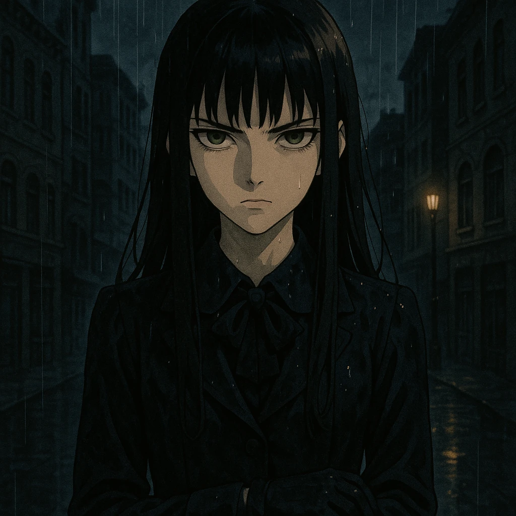 ultra-detailed anime girl with long straight black hair, sharp bangs, pale skin, amber green eyes, cold intense gaze, standing in the rain, cinematic lighting, wet dark school uniform, gloves, noir urban background, moody anime style, gothic shoujo, dramatic shadows emoji