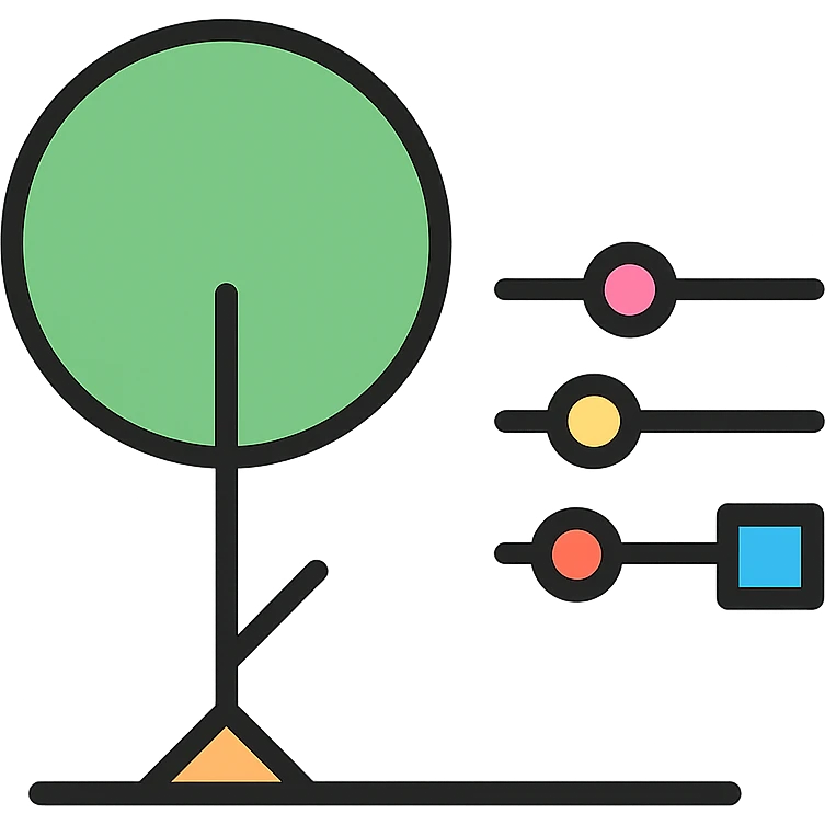 A tree with configurable settings and parameters depicted as interactive sliders and buttons emoji