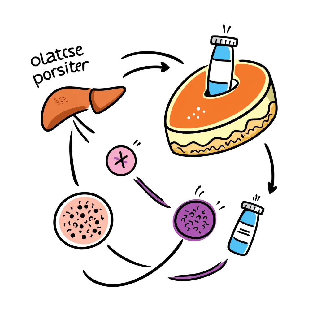 Anti-diabetic treatment diagram: orange liver, pink muscle cells, and yellow fat cells responding to blue anti-diabetic medication, with purple insulin pathways activated. Hand-drawn cross-section showing cellular absorption of red glucose particles and balanced blood sugar levels. emoji