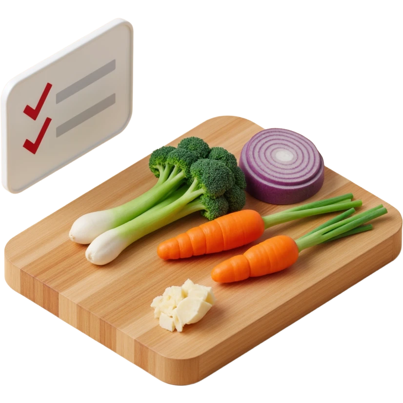 Ingredients on teh wooden cutting board with floating list with check box emoji