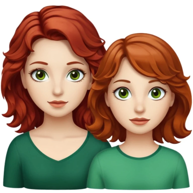 Two girls : one with red hair medium and wavy, brown eyes with long eyelashes and white skin. The other with wavy brown hair medium, green eyes with long eyelashes and tan  emoji