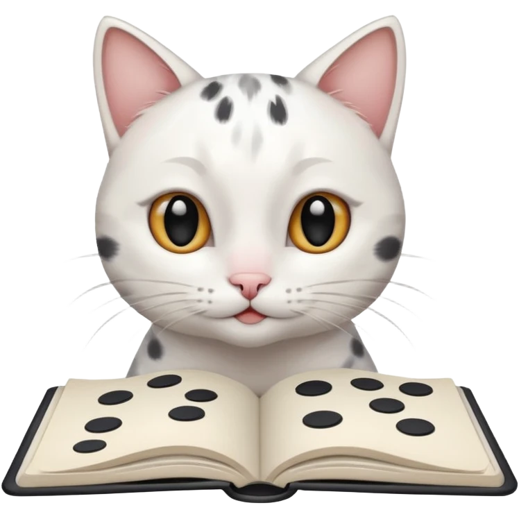 gatita blanca con manchas grandes negras en los ojos feliz en viendo una libreta con anillado emoji